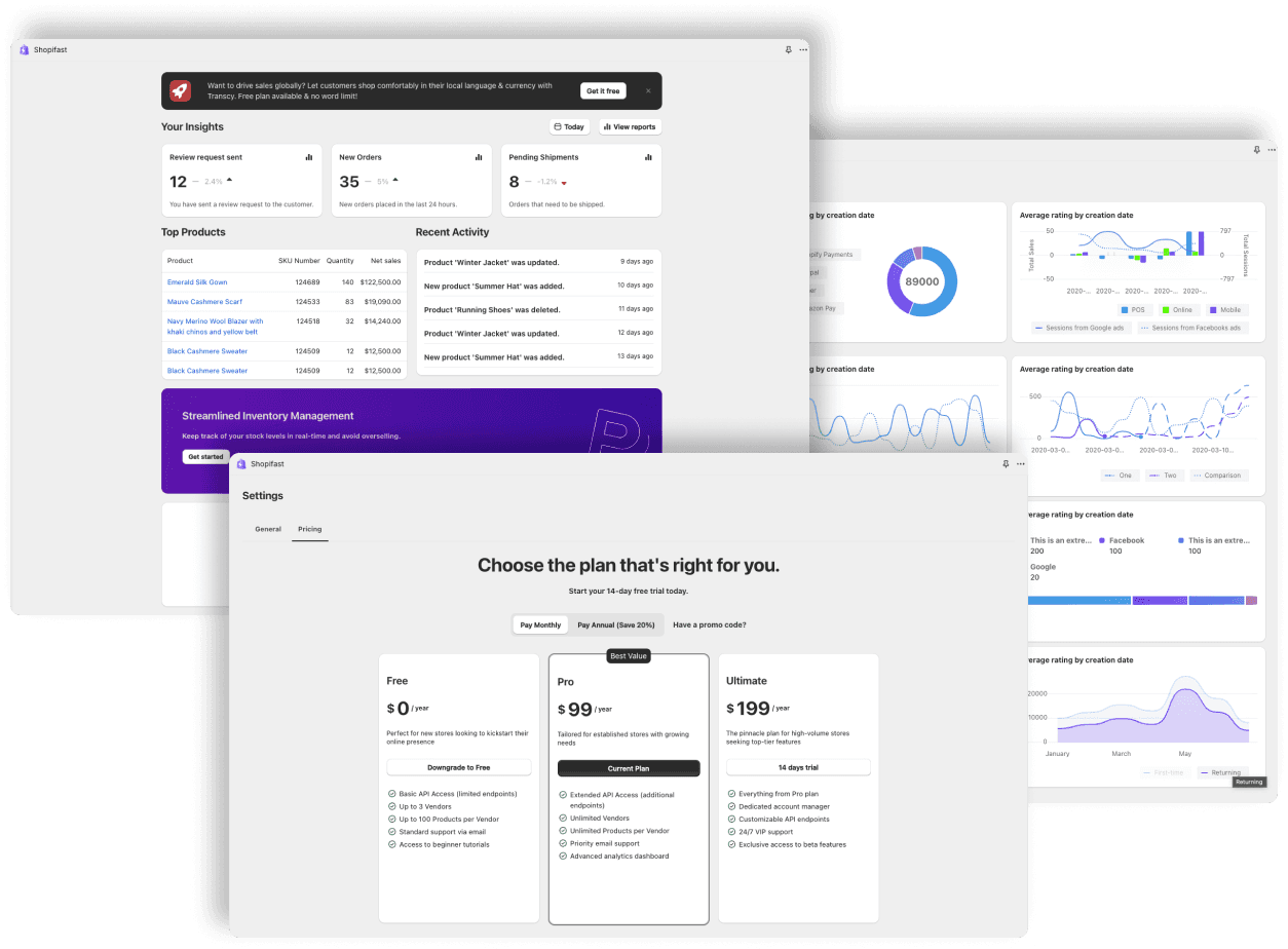 Shopify embedded app interface showing seamless integration with admin dashboard