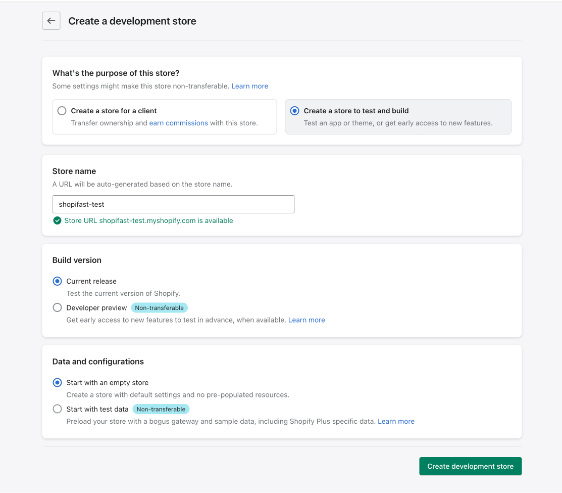 Development store configuration